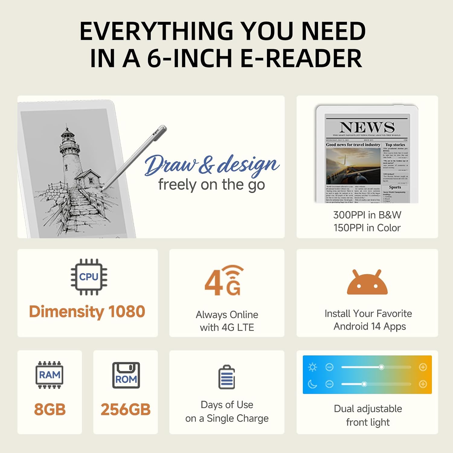 Bigme B6 Pro Color E-Reader, 6 Inch Eink Ereader with 8GB + 256GB, 4G Connectivity, Handwriting, Android 14, Epaper Tablet Android Ebook Reader with 75FPS Refresh Rate, Adjustable Front Light, White - Image 2