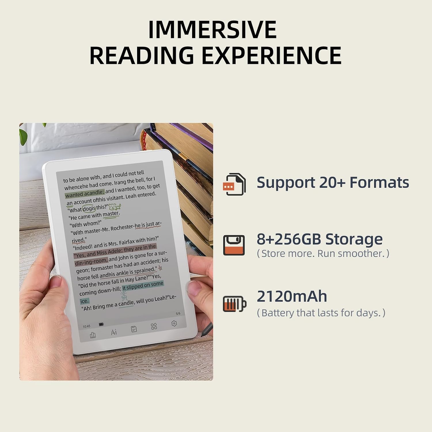 Bigme B6 Pro Color E-Reader, 6 Inch Eink Ereader with 8GB + 256GB, 4G Connectivity, Handwriting, Android 14, Epaper Tablet Android Ebook Reader with 75FPS Refresh Rate, Adjustable Front Light, White - Image 3