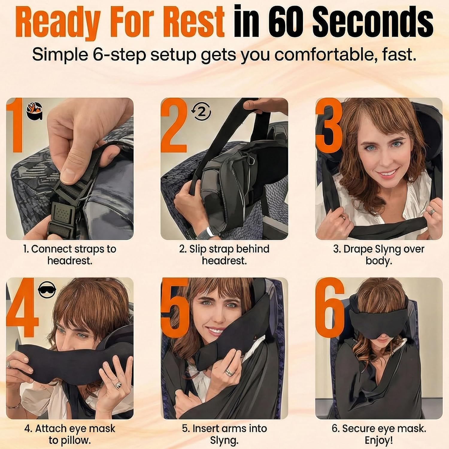 3-in-1 Airplane Sleep Support System - Integrated Plane Sleeping Accessories with Memory Foam Long Haul Flight Pillow, Adjustable Travel Eye Mask, and Blanket-Like Body Sling - Fits in Carry On - Image 5